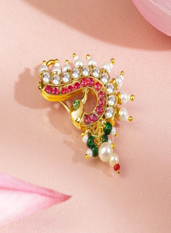 Rubans 18K Gold-Plated Ruby Pink & White Stone Peacock Nath Nose Pin with Pearl Drops for Women Perfect for Bridal & Traditional Styling - Image 4