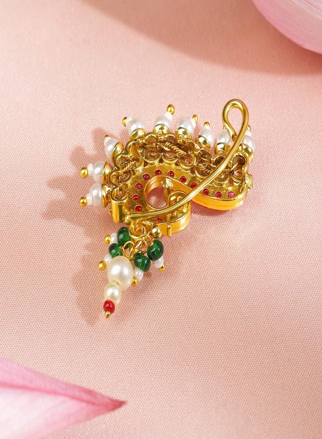 Rubans 18K Gold-Plated Ruby Pink & White Stone Peacock Nath Nose Pin with Pearl Drops for Women Perfect for Bridal & Traditional Styling - Image 5
