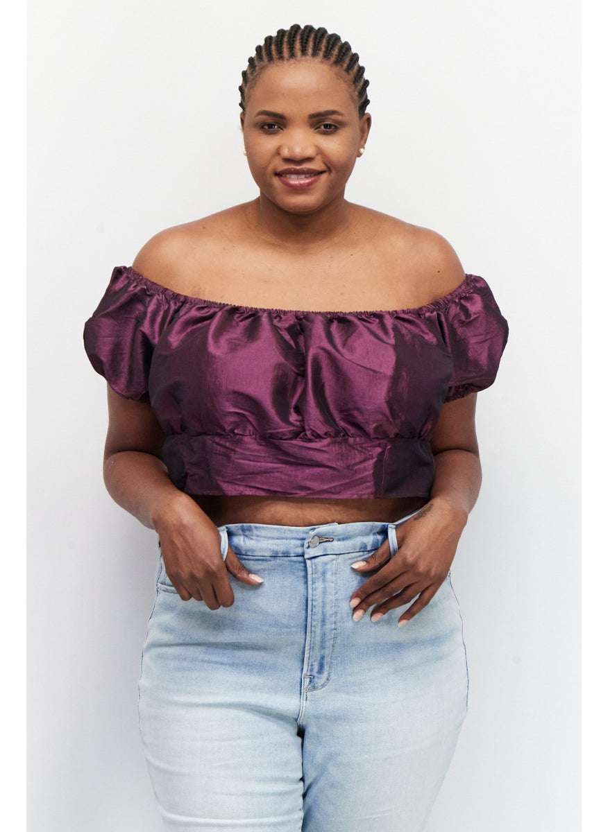 Collective The Label Women Curve Fit Off Shoulder Puff Sleeves Metallic Crop Top, Purple  - Image 1