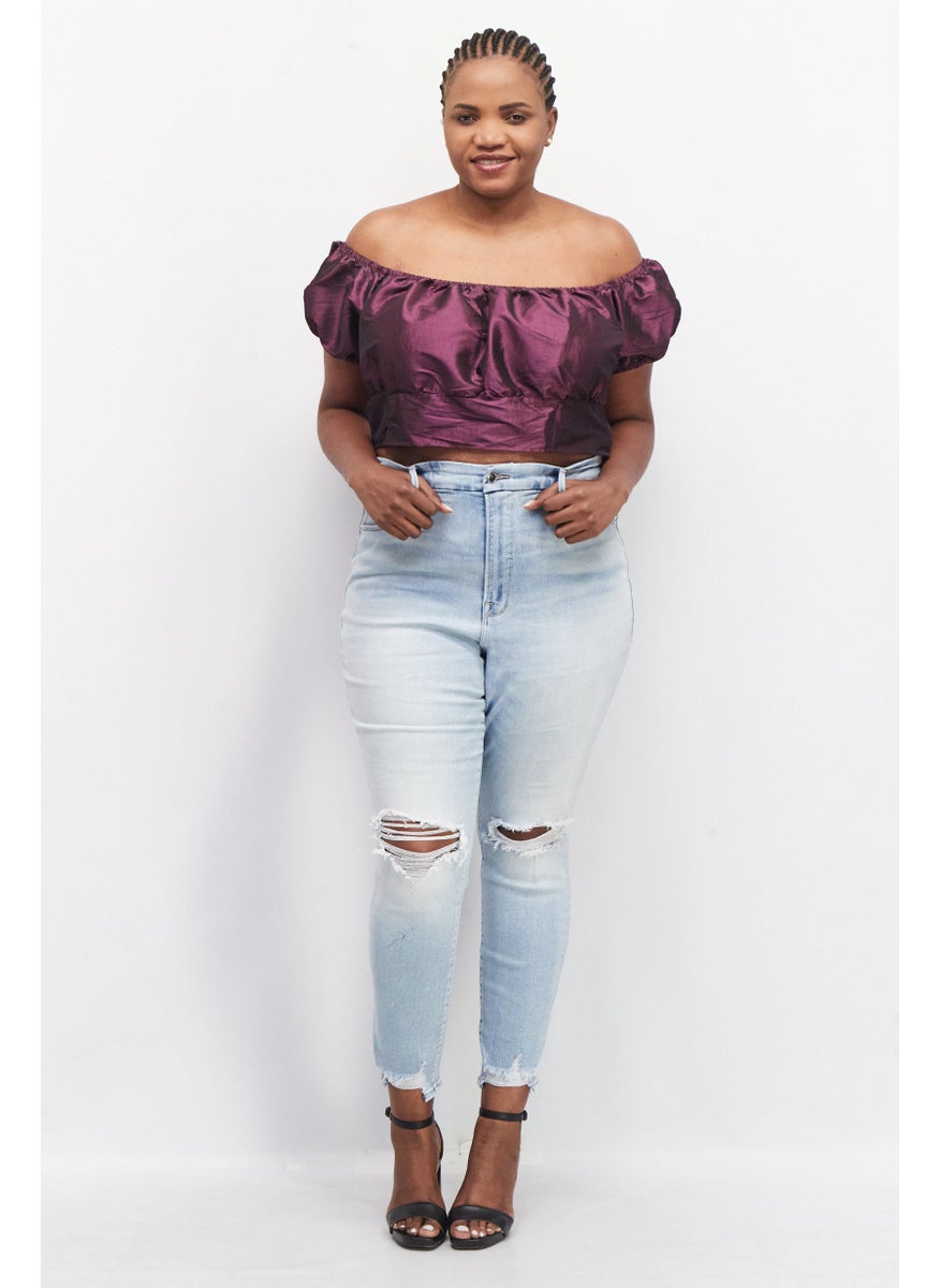 Collective The Label Women Curve Fit Off Shoulder Puff Sleeves Metallic Crop Top, Purple  - Image 2