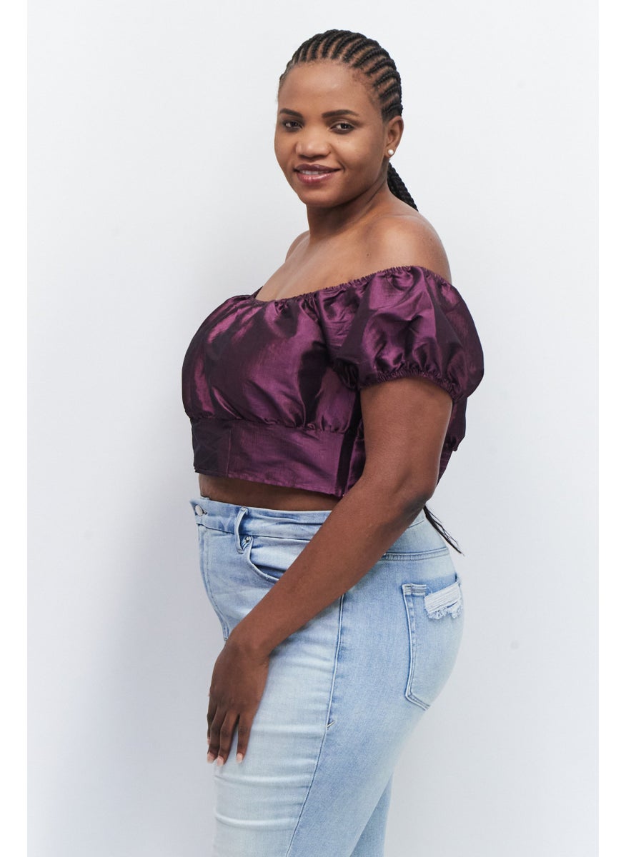 Collective The Label Women Curve Fit Off Shoulder Puff Sleeves Metallic Crop Top, Purple  - Image 4