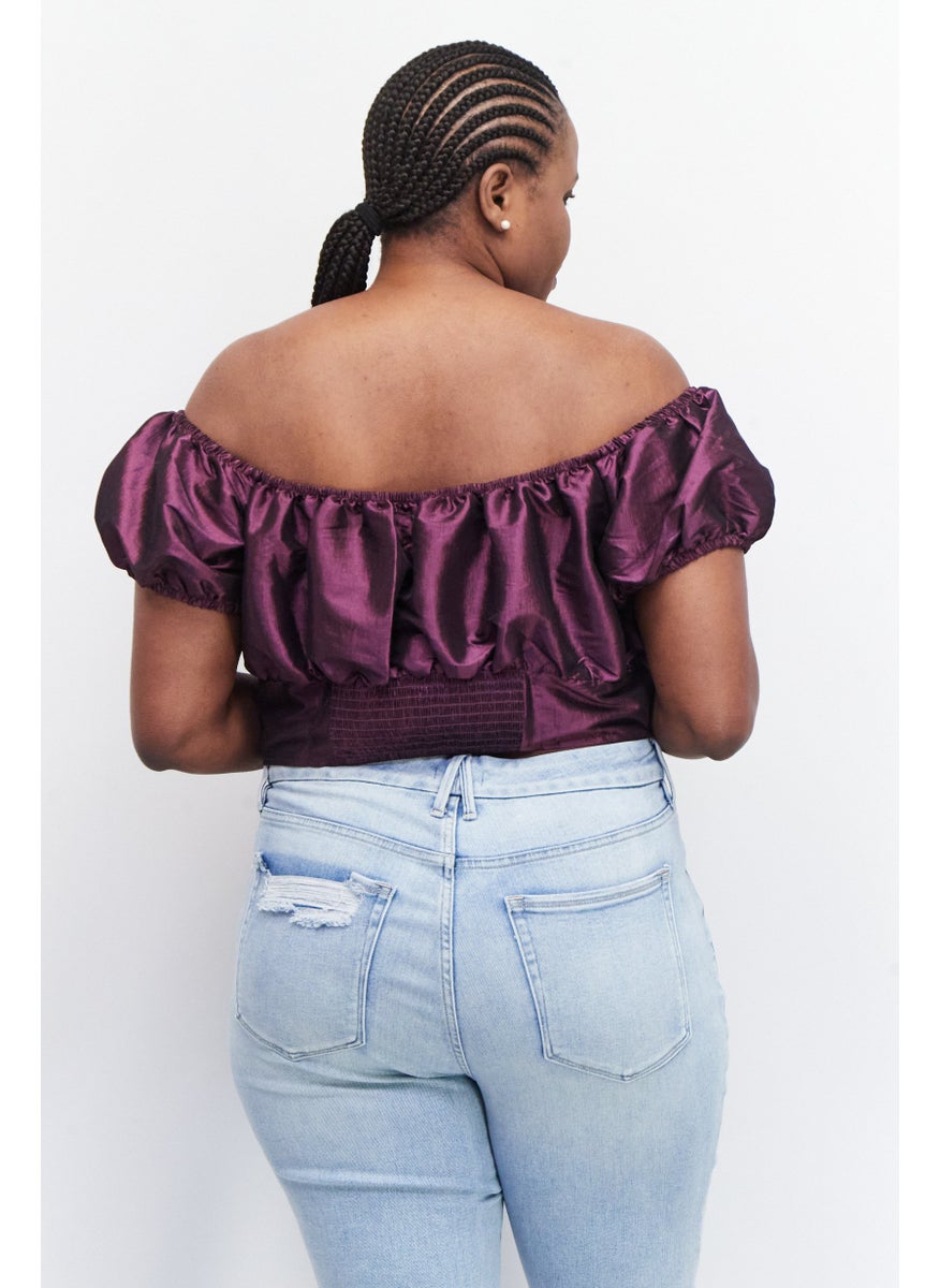 Collective The Label Women Curve Fit Off Shoulder Puff Sleeves Metallic Crop Top, Purple  - Image 3