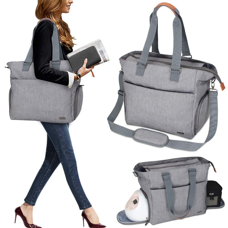 LUXJA Breast Pump Tote with Pockets for Laptop and Cooler Bag, Breast Pump Bag for Working Mothers (Fits Most Major Breast Pump), Gray - Image 1