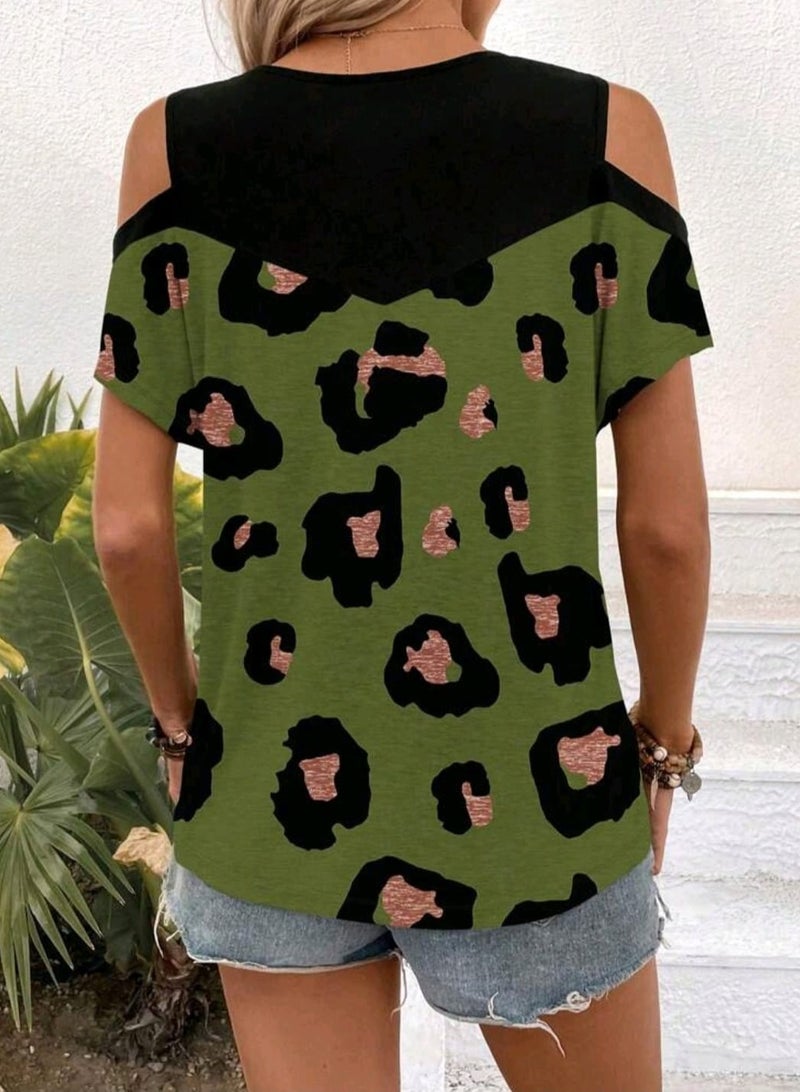 Shein SHEIN LUNE Women's Casual Leopard Print Contrast Color Cut-Out Shoulder Short Sleeve T-Shirt - Image 4