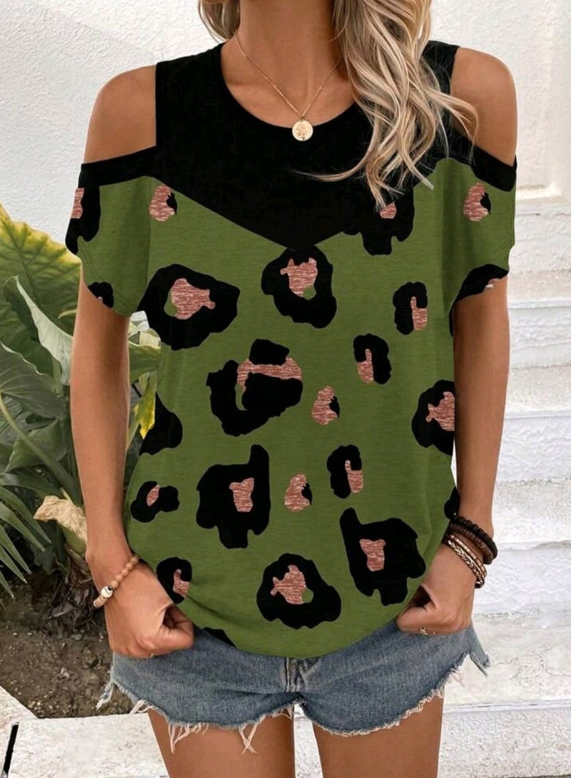 Shein SHEIN LUNE Women's Casual Leopard Print Contrast Color Cut-Out Shoulder Short Sleeve T-Shirt - Image 2