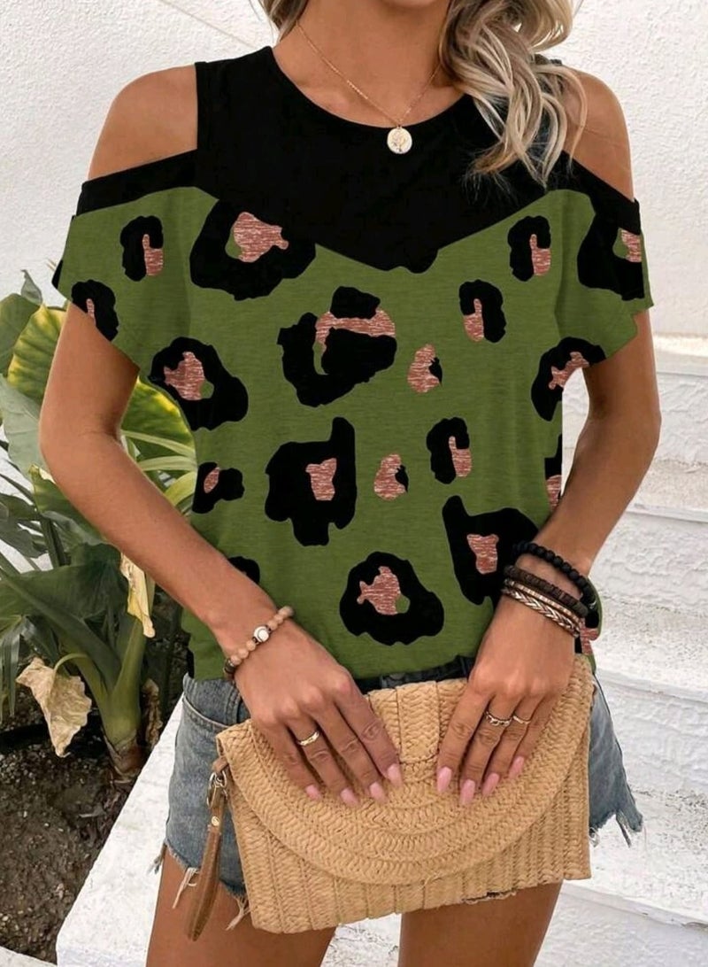 Shein SHEIN LUNE Women's Casual Leopard Print Contrast Color Cut-Out Shoulder Short Sleeve T-Shirt - Image 3