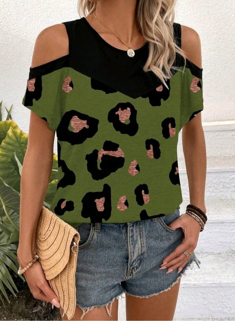 Shein SHEIN LUNE Women's Casual Leopard Print Contrast Color Cut-Out Shoulder Short Sleeve T-Shirt - Image 1