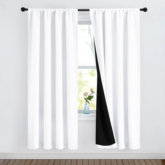 100 Blackout Window Curtain Panels Rod Pocket Full Light Blocking Drapes with Black Liner for Nursery 72 inches Drop Thermal Insulated Draperies White 2 Pieces 52 inches Wide Per Panel