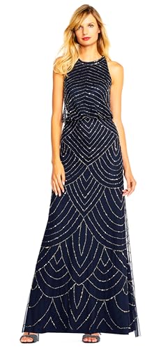 Adrianna Papell Womens Art Deco Beaded Blouson Dress with Halter Neckline, Navy, 10 - Image 1