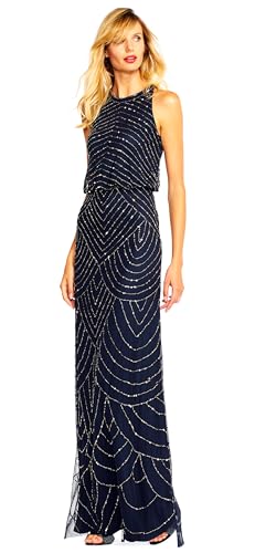 Adrianna Papell Womens Art Deco Beaded Blouson Dress with Halter Neckline, Navy, 10 - Image 5