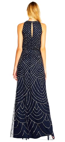 Adrianna Papell Womens Art Deco Beaded Blouson Dress with Halter Neckline, Navy, 10 - Image 2