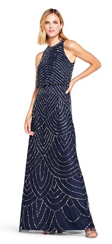 Adrianna Papell Womens Art Deco Beaded Blouson Dress with Halter Neckline, Navy, 10 - Image 4