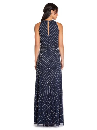 Adrianna Papell Womens Art Deco Beaded Blouson Dress with Halter Neckline, Navy, 10 - Image 3