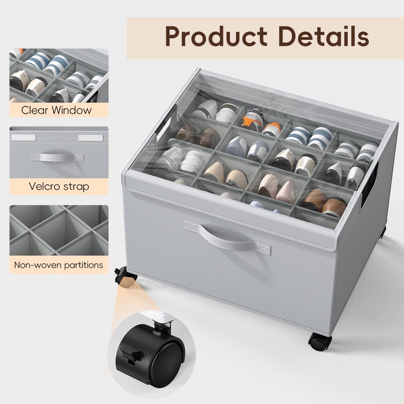 HOUSE AGAIN Shoe Organizer for Closet, Foldable Shoe Storage Organizer Box with Wheels and Adjustable Dividers, Sturdy Metal Frame Fits up to 16-32 Pairs, Large Shoes Storage with Clear Cover - Image 4