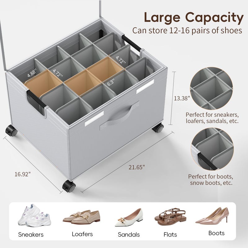 HOUSE AGAIN Shoe Organizer for Closet, Foldable Shoe Storage Organizer Box with Wheels and Adjustable Dividers, Sturdy Metal Frame Fits up to 16-32 Pairs, Large Shoes Storage with Clear Cover - Image 2