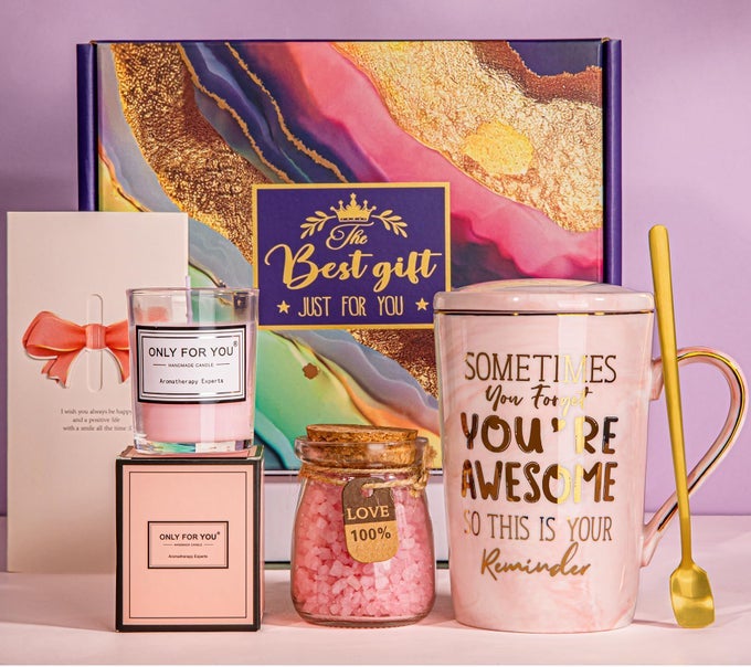 BIRTHDAY GIFTS FOR WOMEN PAMPER INSPIRATIONAL THANK YOU GIFTS FOR HER RELAXATION SPA GIFT HAMPER FOR LADIES SELF CARE BATH SET WITH SCENTED CANDLE 14OZ COFFEE MUG GREETING CARD ELEGANT GIFT BOX