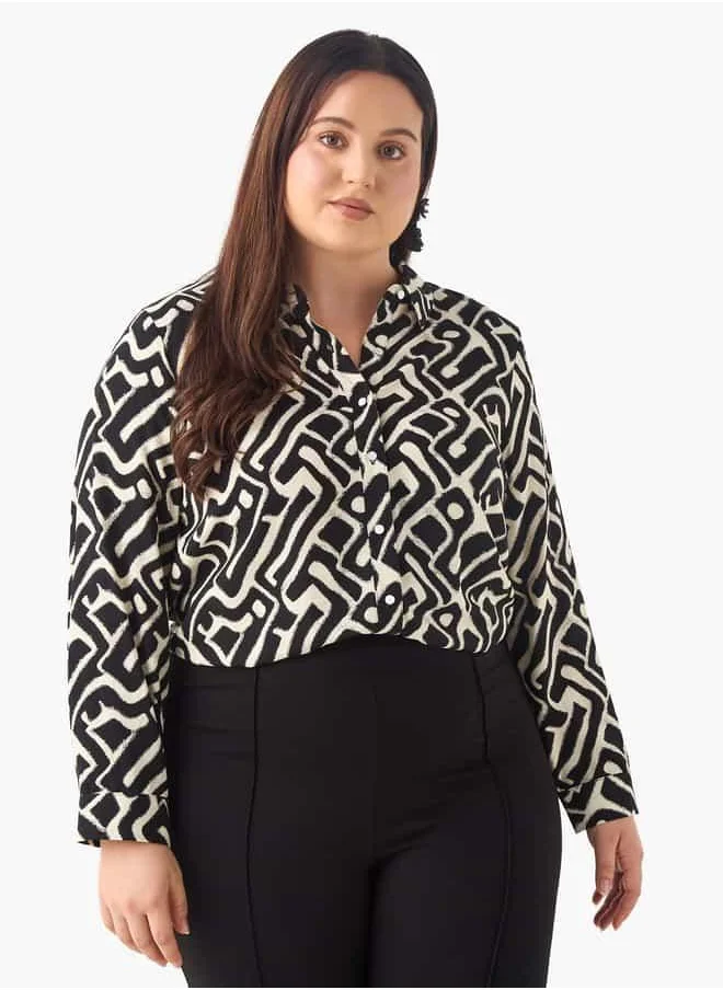  أولا بوبكن Plus Size Ulla Popken Printed Shirt with Collar and Long Sleeves