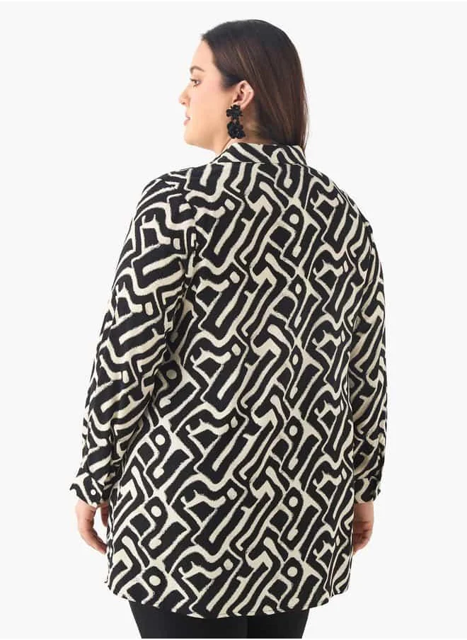  أولا بوبكن Plus Size Ulla Popken Printed Shirt with Collar and Long Sleeves