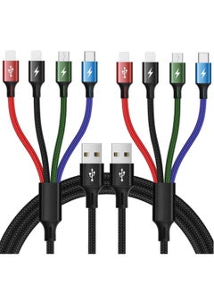 2 حبة كابل شحن متعدد 4 في 1 للشحن السريع ونقل البيانات مضفر بالنايلون مع إضاءة LED للهواتف