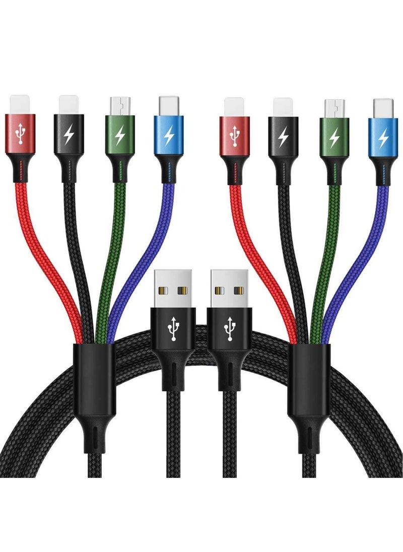 أجهزة الرياض - 2 حبة كابل شحن متعدد 4 في 1 للشحن السريع ونقل البيانات مضفر بالنايلون مع إضاءة LED للهواتف - Image 1