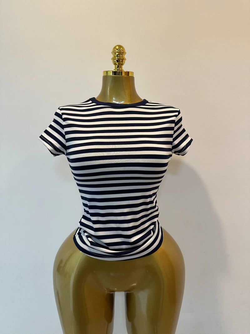 Women's High Stretch Striped Slim Fit Short Sleeve T-Shirt - Image 1