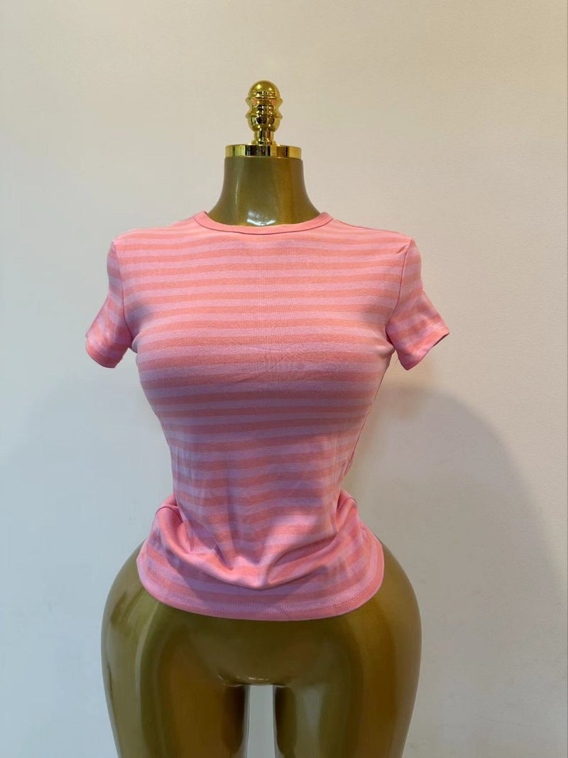 Women's High Stretch Striped Slim Fit Short Sleeve T-Shirt - Image 2