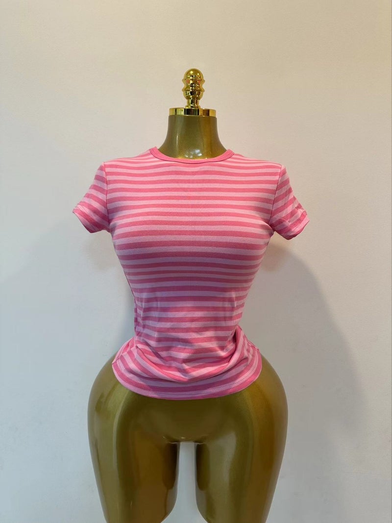 Women's High Stretch Striped Slim Fit Short Sleeve T-Shirt - Image 3