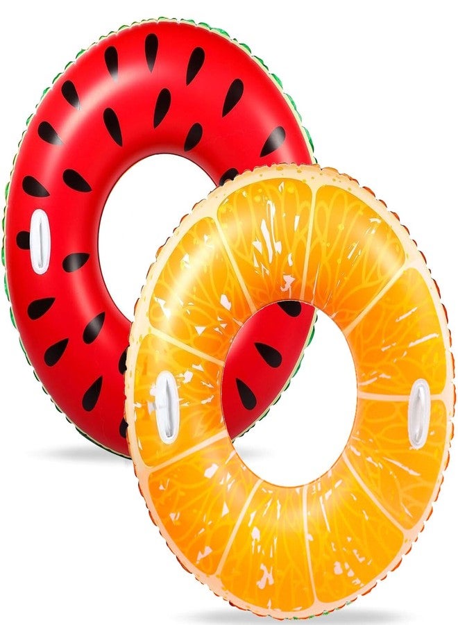 Yuokwer Inflatable Pool Floats Adults- 2 Pack Giant Floaties Orange and Watermelon Pool Tubes Swim Rings Transparant with Handles Inflatable Pool Float for Swimming Pool Party Lake Beach Adults (Fruit) - Image 1