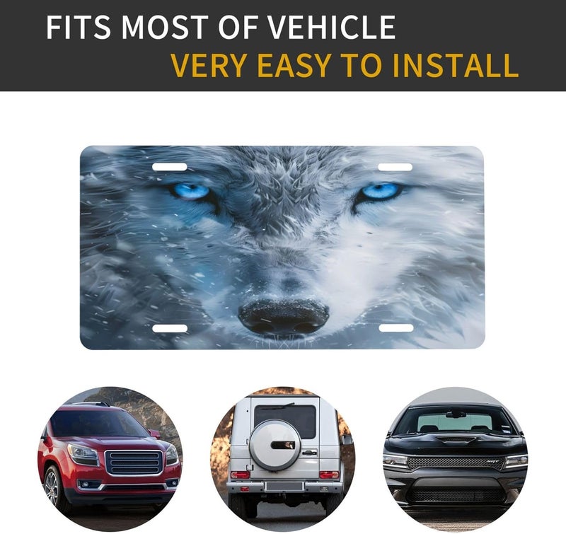 White Winter Animal Wolf Front License Plate for Women Men Funny Car License Plates with 4 Holes Aluminum Metal Novelty Vanity Tag Cover Rust-Proof Us Canada Car Decor Accessory 6 * 12 Inches 181 - Image 5