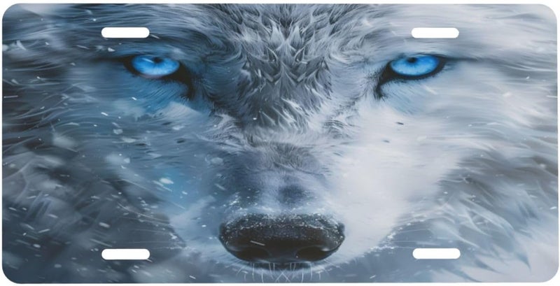 White Winter Animal Wolf Front License Plate for Women Men Funny Car License Plates with 4 Holes Aluminum Metal Novelty Vanity Tag Cover Rust-Proof Us Canada Car Decor Accessory 6 * 12 Inches 181 - Image 1