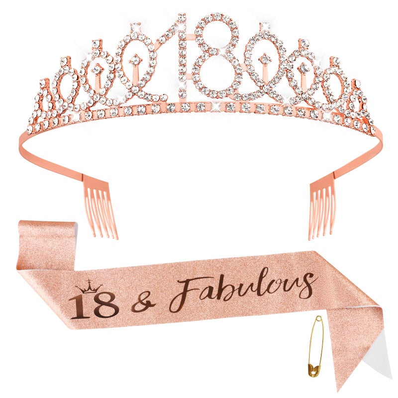 Fowecelt 18th Birthday Sash Tiara - Rose Gold Birthday Queen Tiara and Sash for Women, Rhinestone Crowns Kit for 18th Birthday Gifts, Crystal Tiara Satin Sash for 18th Birthday Party, One Size, - Image 1