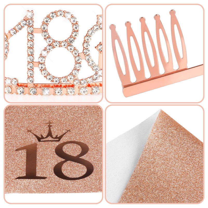 Fowecelt 18th Birthday Sash Tiara - Rose Gold Birthday Queen Tiara and Sash for Women, Rhinestone Crowns Kit for 18th Birthday Gifts, Crystal Tiara Satin Sash for 18th Birthday Party, One Size, - Image 2