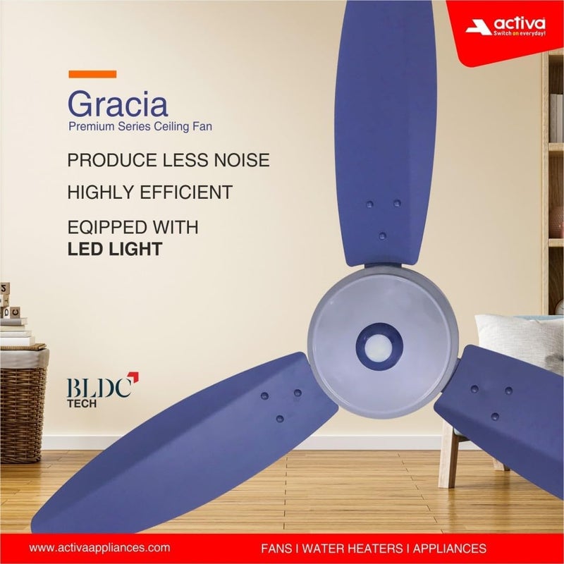 Activa Gracia 1200 MM (28 Watt) BLDC Motor Fan With LED Light |Remote| 3 Blade Energy Saving Ceiling Fan With 5 Year Warranty (Silver Blue) - Image 2