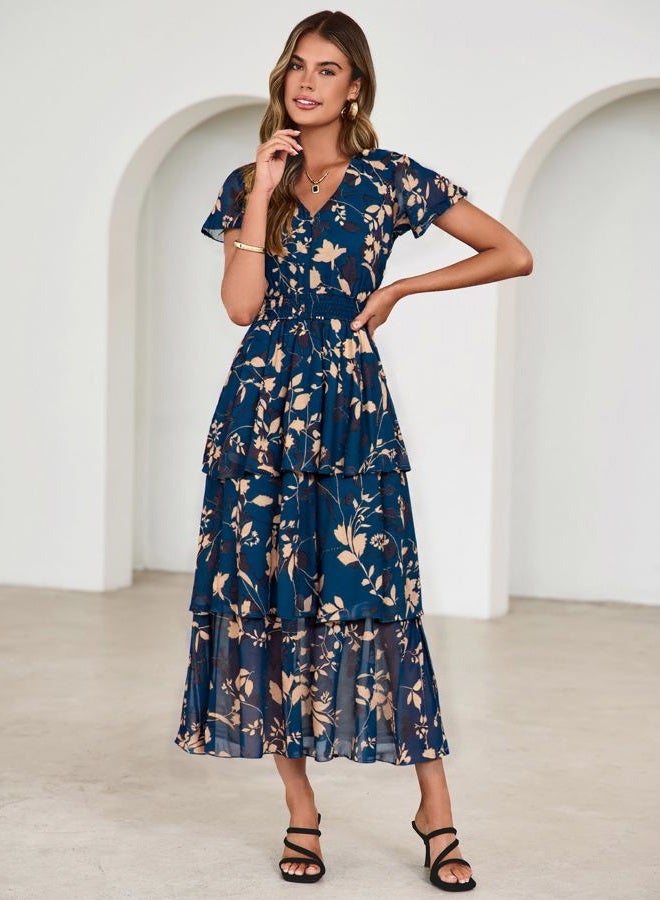 SIMPLEE Women Floral Summer Maxi Dress Boho Flowy Ruffle Tiered Short Sleeves V Neck Long Wedding Guest Dresses, Navy Apricot Floral, M - Image 2