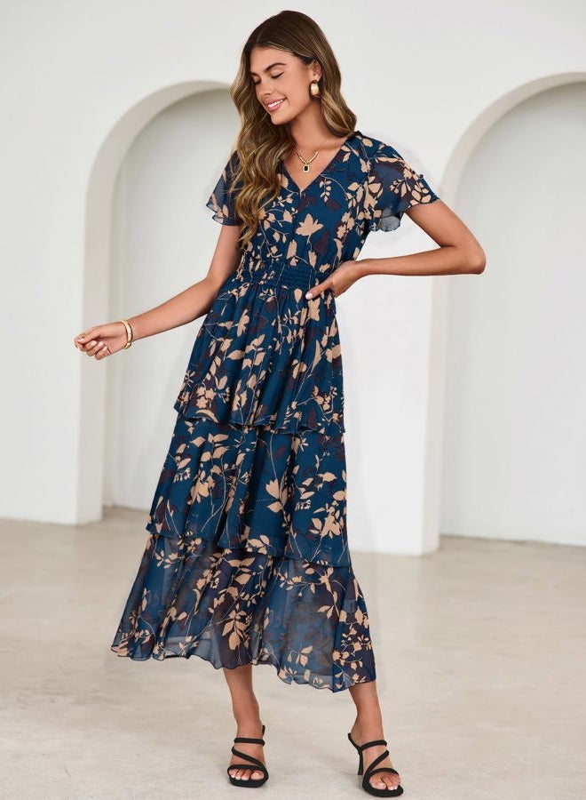 SIMPLEE Women Floral Summer Maxi Dress Boho Flowy Ruffle Tiered Short Sleeves V Neck Long Wedding Guest Dresses, Navy Apricot Floral, M - Image 3