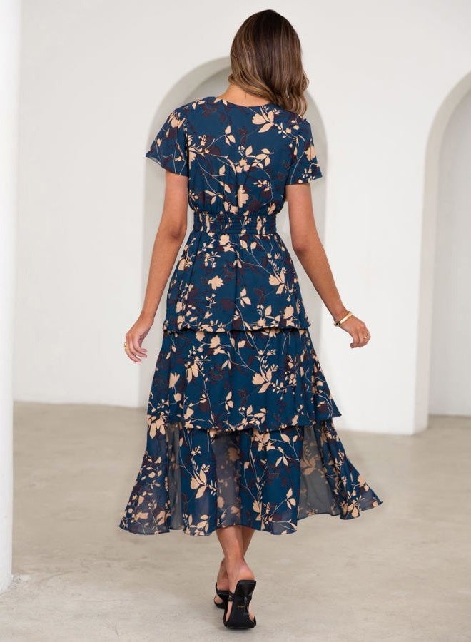 SIMPLEE Women Floral Summer Maxi Dress Boho Flowy Ruffle Tiered Short Sleeves V Neck Long Wedding Guest Dresses, Navy Apricot Floral, M - Image 4