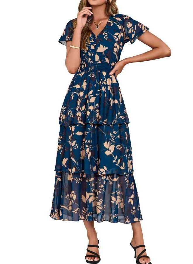 SIMPLEE Women Floral Summer Maxi Dress Boho Flowy Ruffle Tiered Short Sleeves V Neck Long Wedding Guest Dresses, Navy Apricot Floral, M - Image 1