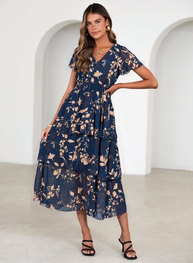 SIMPLEE Women Floral Summer Maxi Dress Boho Flowy Ruffle Tiered Short Sleeves V Neck Long Wedding Guest Dresses, Navy Apricot Floral, M - Image 5