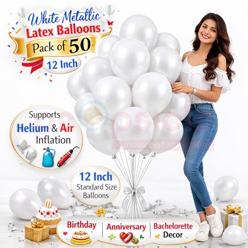 Propsicle White Metallic Balloons Pack of 50 | Latex Balloons for Birthday Decoration, Anniversary, Bachelorette Setup, Kids Celebration Decor | Supports Helium & Air Inflation - Image 2