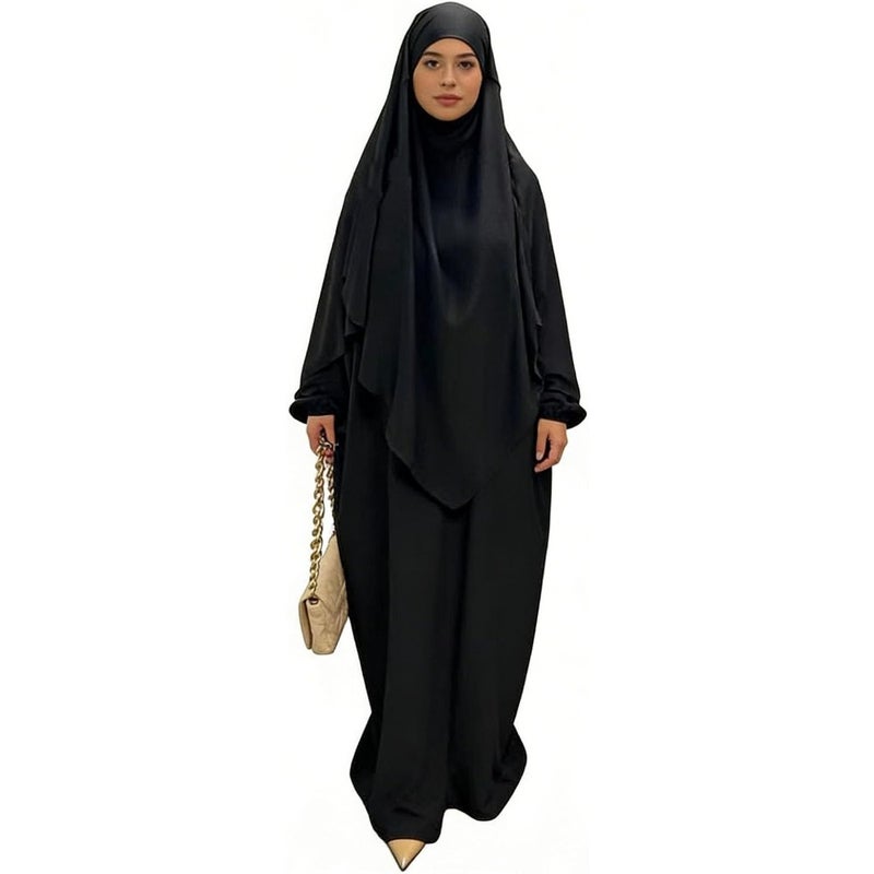 Muslim Women's 2-Piece Prayer Outfit: Lightweight Polyester Jilbab Robe in Black Breathable, Modest, and Comfortable for Daily Wear, Hajj, Umrah, and Ramadan - Image 1