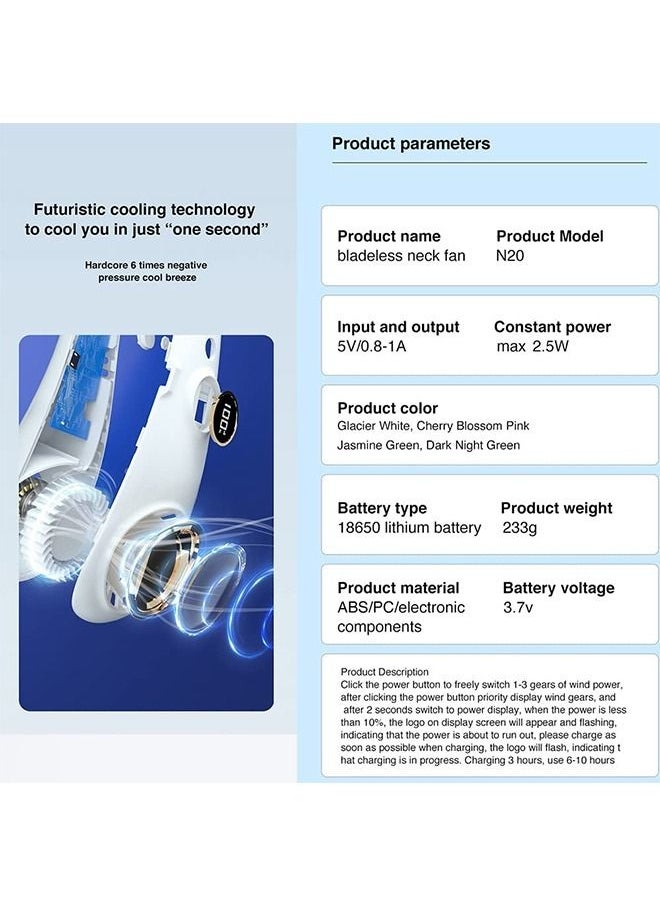 Generic - Portable Neck Fan, Bladeless Wearable Personal Fan, Rechargeable USB Fan 3 Speed, 60 Air Outlet, Quiet 360° Cooling Hanging Neck Fan,Mini Hand Free Neck fan with LED Display and USB Rechargeable - Image 1