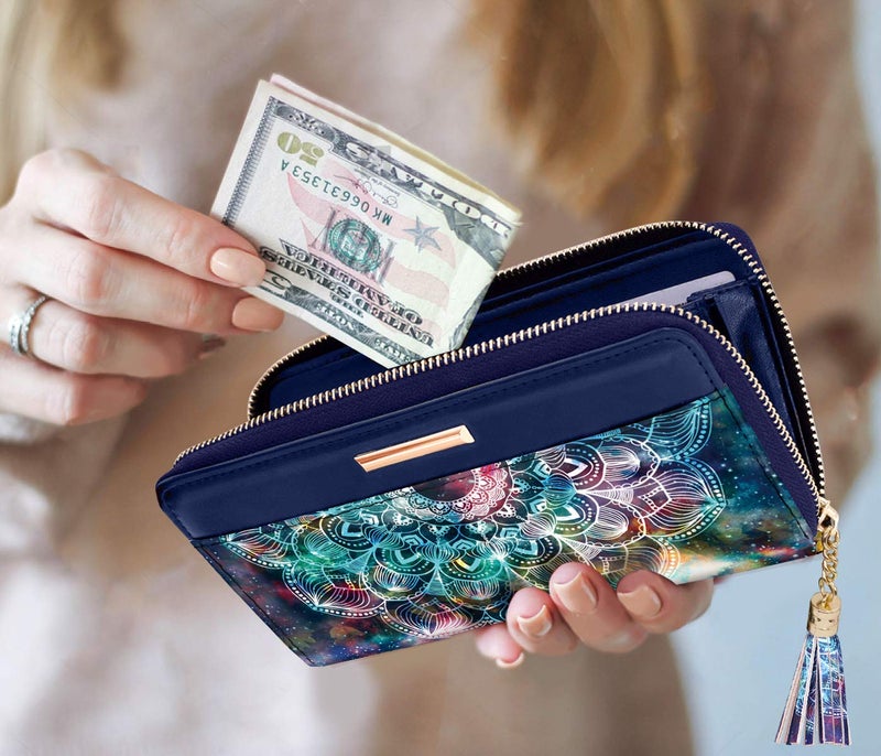 Coco Rossi Women Wallets Multi Card Case Wallet Clutch Wallet Card Holder Organizer Ladies Purse Floral Tassel Wrist strap Purse,Mandala Nebula - Image 4