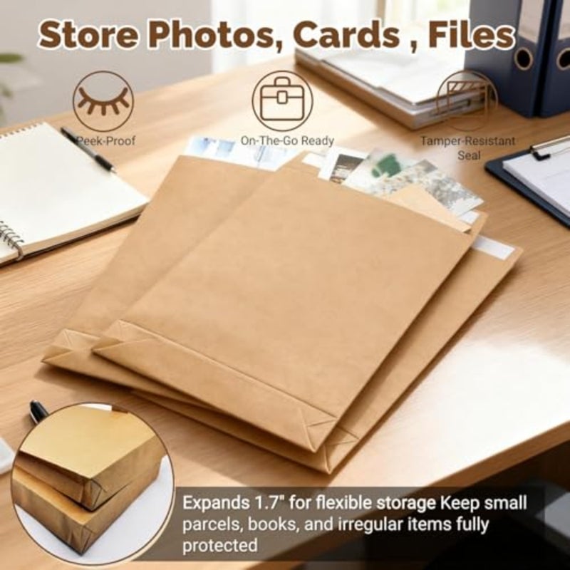 Expandable Envelope, Large Kraft Catalog Envelopes, Peel and Seal Document Organizer, for Mailing Flat Letter Size Documents or Photos, for Home, Office, Business 238x335x40 mm, 25 Pack - Image 2