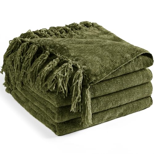 LONG CREATE Chenille Throw Blanket for Couch 50X 60 Soft Cozy Throws with Fringe Tassel for Bed Sofa Chair Cover Lightweight Knitted Decorative Boho Blankets for Living Room Olive Green