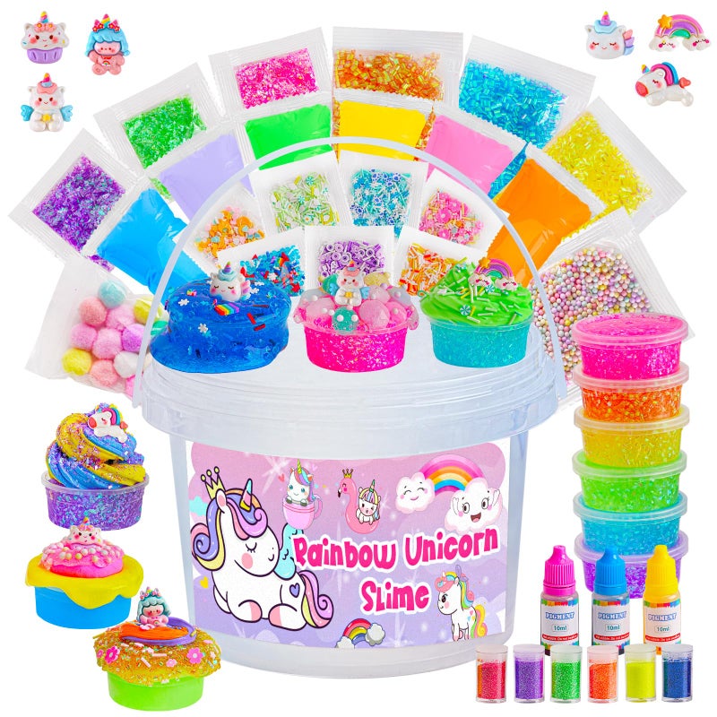 Okaybee Crystal Clear Slime Kit with 36 Add-ins & 17 FL OZ Premade Base - DIY Rainbow Slime Making Kit in Bucket for Kids, Gift for Girls and Boys Ages 8-12, Party Favors for Birthday, Easter, Halloween - Image 1