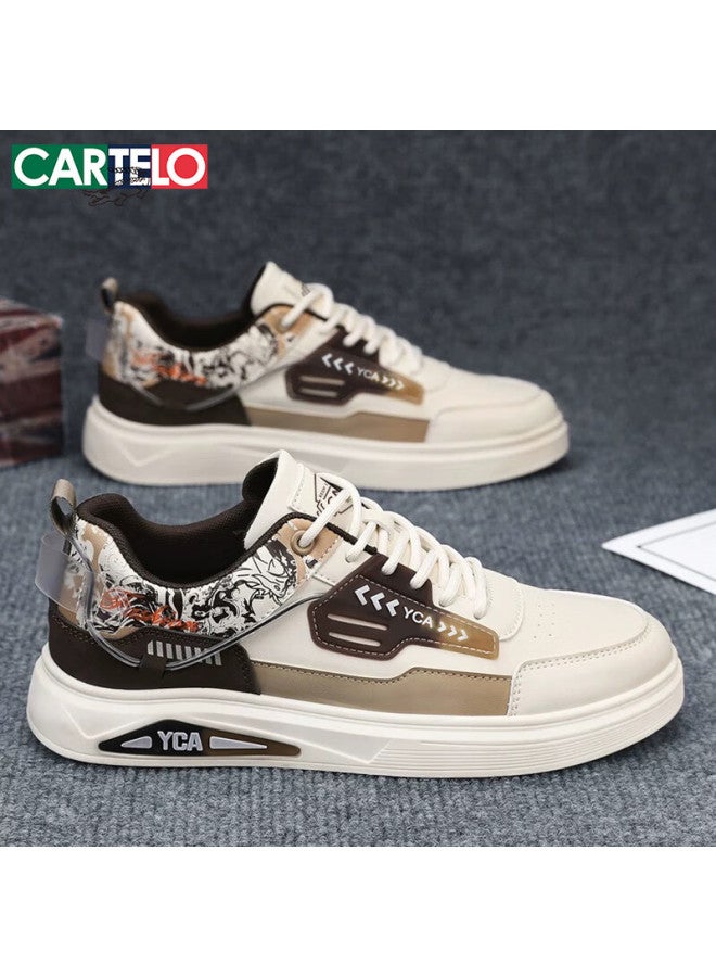 Cartelo Men's Shoes, Spring Leather Fashion Sneakers, Soft-soled Casual Sports Shoes For Male Students, Khaki, Size 42 - Image 1