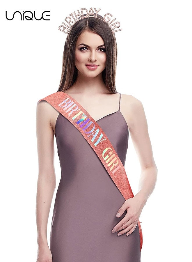 يونيك طقم تاج وحزام عيد ميلاد - وشاح عيد ميلاد لامع - طقم عقال من حجر الراين - 7 قطع كيك توبر إكسسوارات عيد ميلاد لزينة لها - عيد ميلاد المرأة تاج الأميرة تاج عيد ميلاد قبعات عيد ميلاد عصابات رأس هدايا الحفلات زينة عيد ميلاد (ذهبي وردي) - Image 4