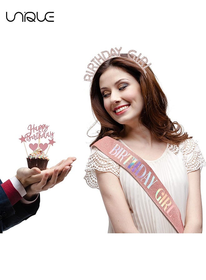 يونيك طقم تاج وحزام عيد ميلاد - وشاح عيد ميلاد لامع - طقم عقال من حجر الراين - 7 قطع كيك توبر إكسسوارات عيد ميلاد لزينة لها - عيد ميلاد المرأة تاج الأميرة تاج عيد ميلاد قبعات عيد ميلاد عصابات رأس هدايا الحفلات زينة عيد ميلاد (ذهبي وردي) - Image 5