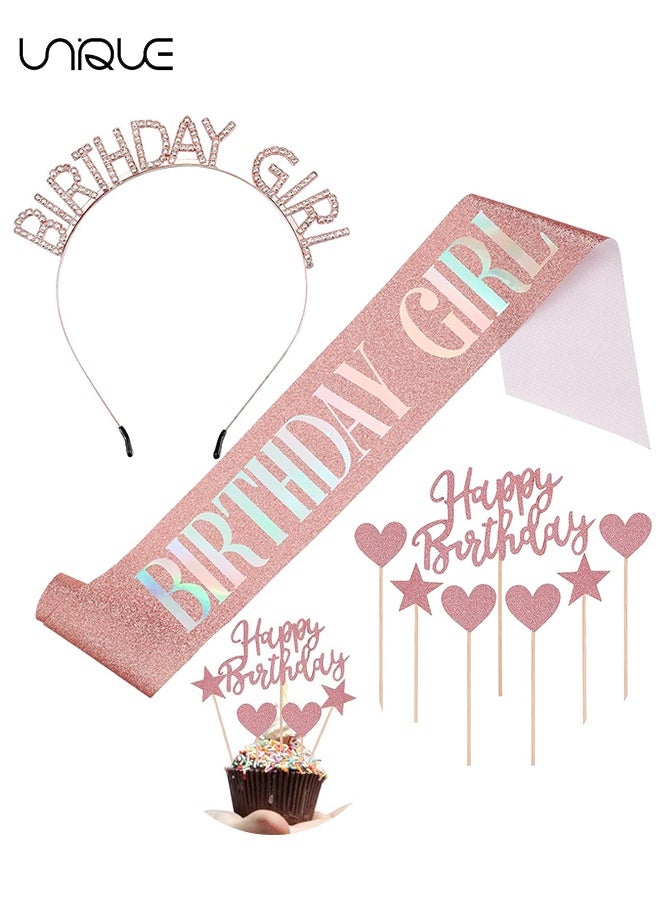 يونيك طقم تاج وحزام عيد ميلاد - وشاح عيد ميلاد لامع - طقم عقال من حجر الراين - 7 قطع كيك توبر إكسسوارات عيد ميلاد لزينة لها - عيد ميلاد المرأة تاج الأميرة تاج عيد ميلاد قبعات عيد ميلاد عصابات رأس هدايا الحفلات زينة عيد ميلاد (ذهبي وردي) - Image 1