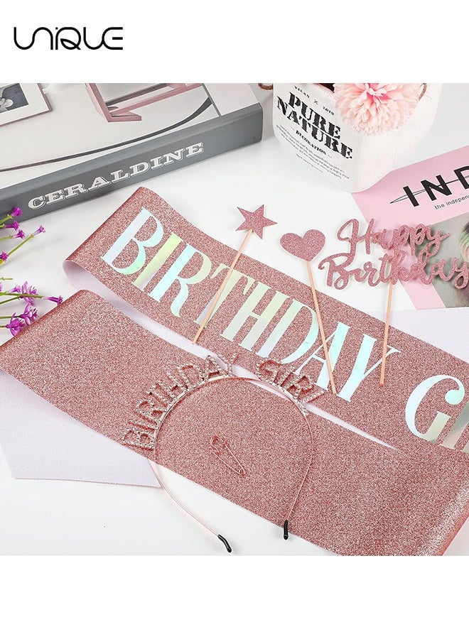 يونيك طقم تاج وحزام عيد ميلاد - وشاح عيد ميلاد لامع - طقم عقال من حجر الراين - 7 قطع كيك توبر إكسسوارات عيد ميلاد لزينة لها - عيد ميلاد المرأة تاج الأميرة تاج عيد ميلاد قبعات عيد ميلاد عصابات رأس هدايا الحفلات زينة عيد ميلاد (ذهبي وردي) - Image 3